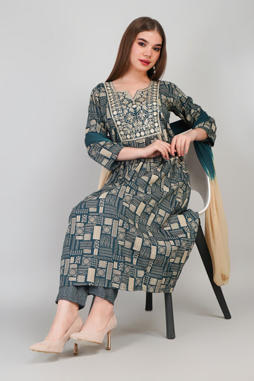 Rama Women’s Foil Printed Cotton Kurti Set with Dupatta