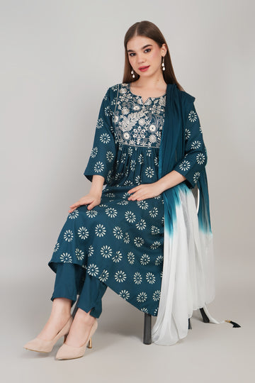 Rama Women’s Foil Printed Cotton Kurti Set with Dupatta