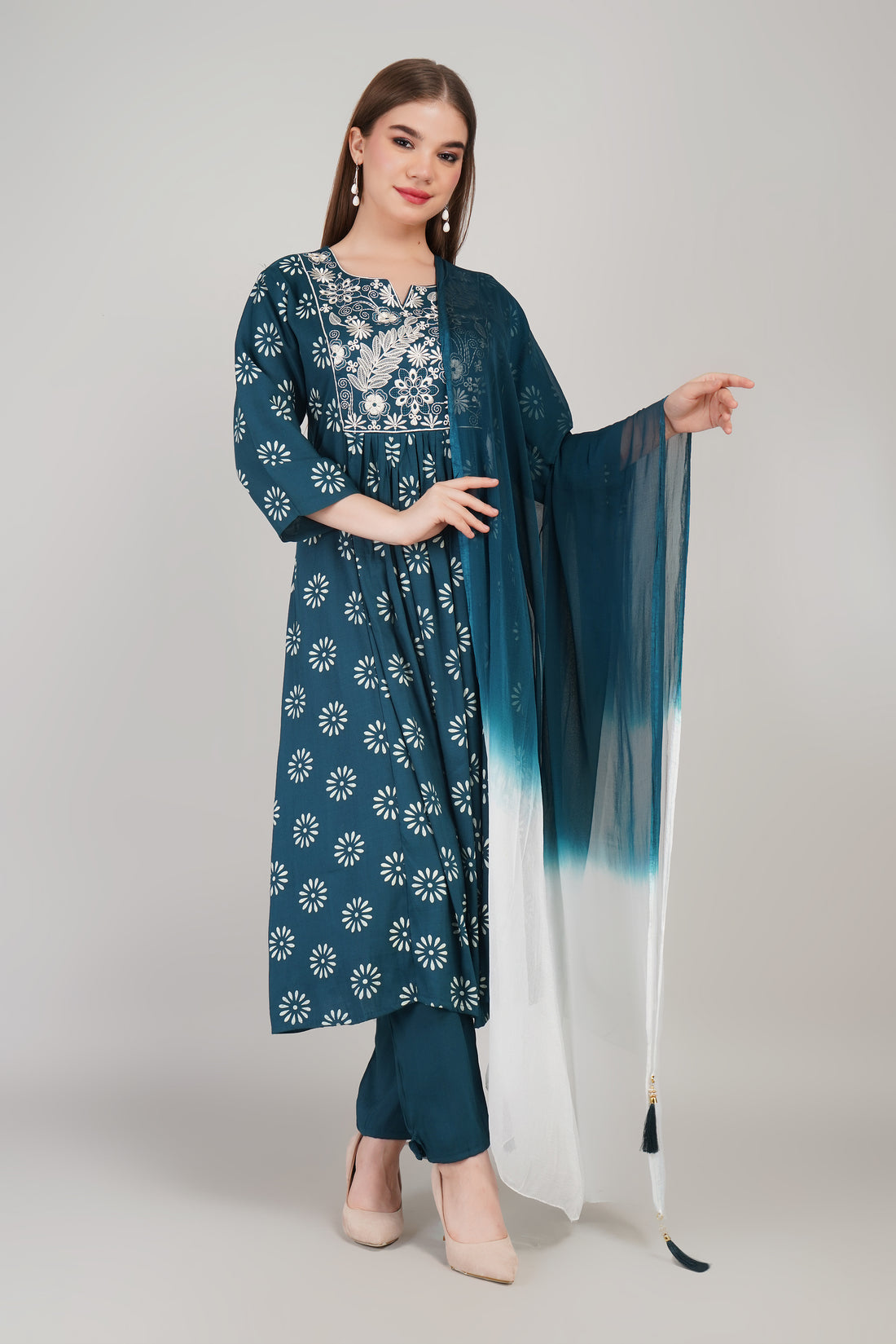 Rama Women’s Foil Printed Cotton Kurti Set with Dupatta