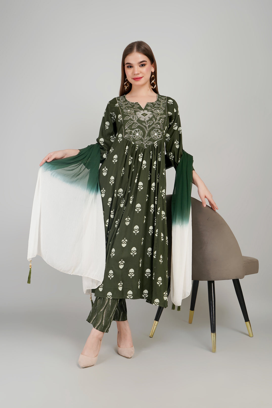Green Women’s Cotton Kurti Set with Dupatta