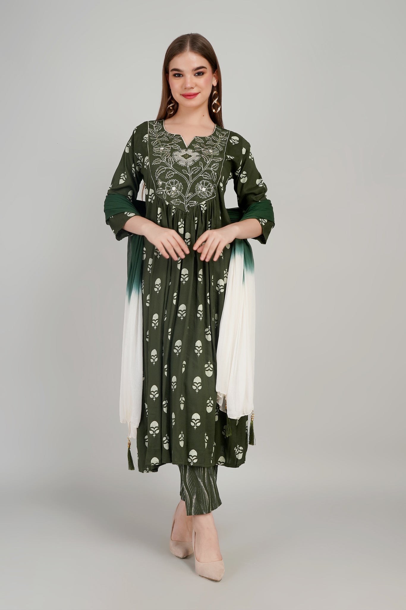 Green Women’s Cotton Kurti Set with Dupatta
