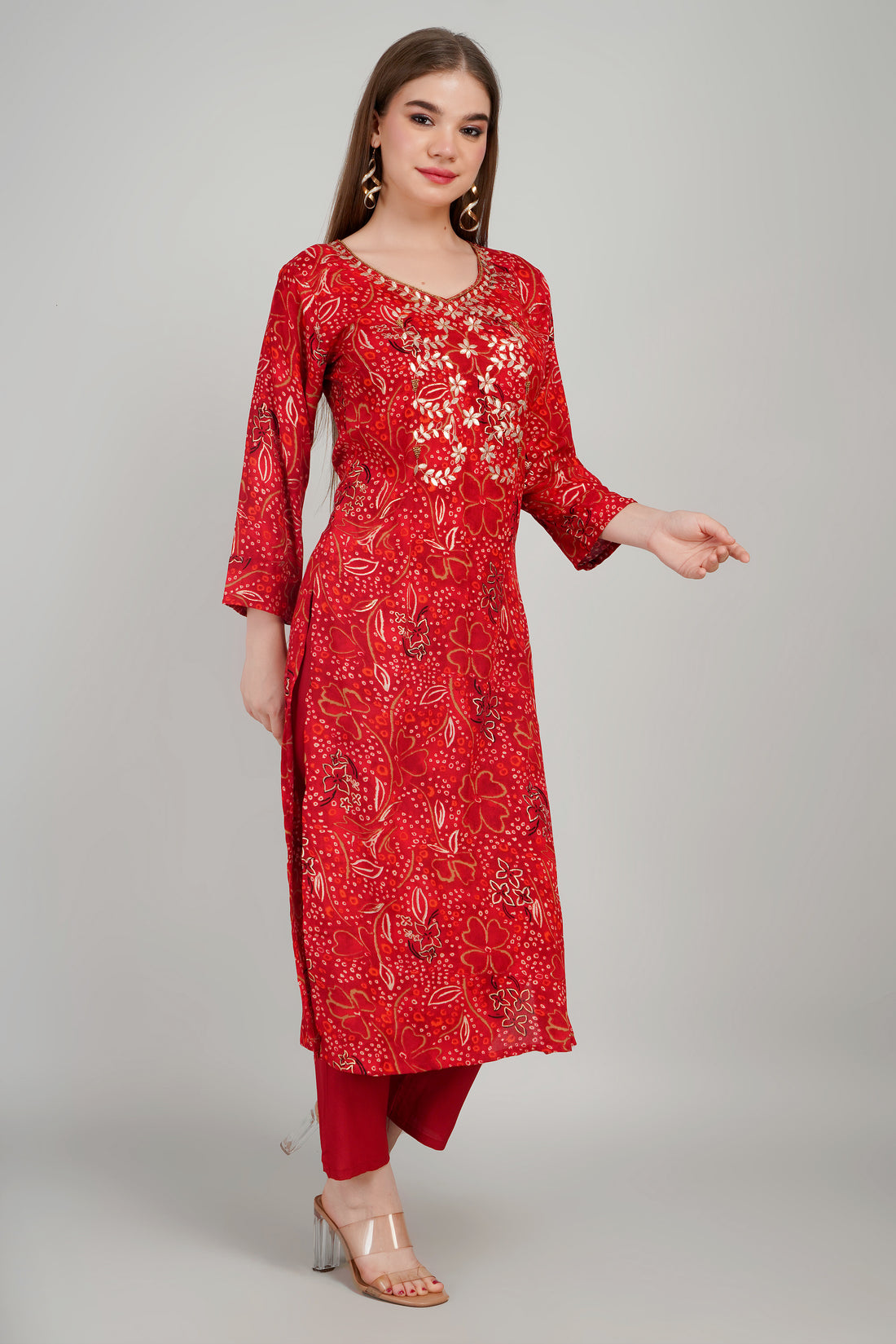 Red Women’s Bandhani Printed Rayon Kurti Set with Dupatta