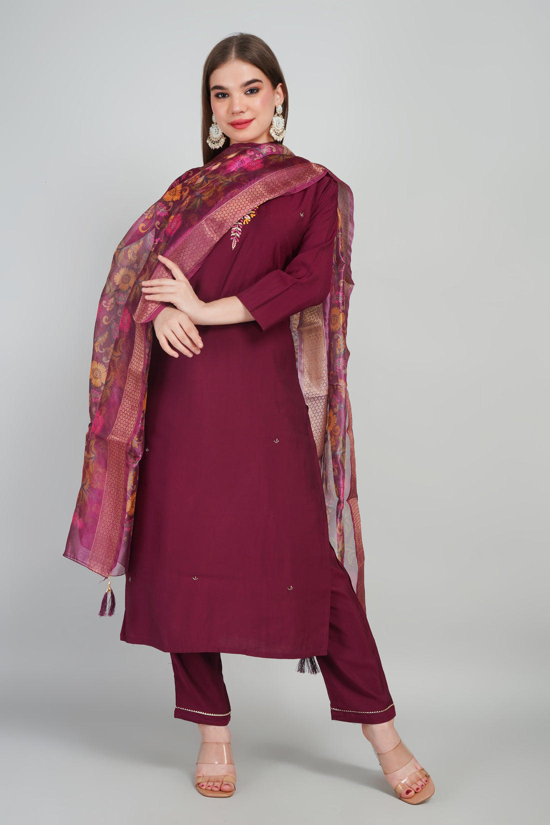 Maroon Women’s Roman Silk Kurti Set with Dupatta