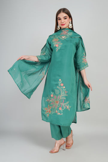 Green Women’s Mul Chanderi Kurti Set with Dupatta