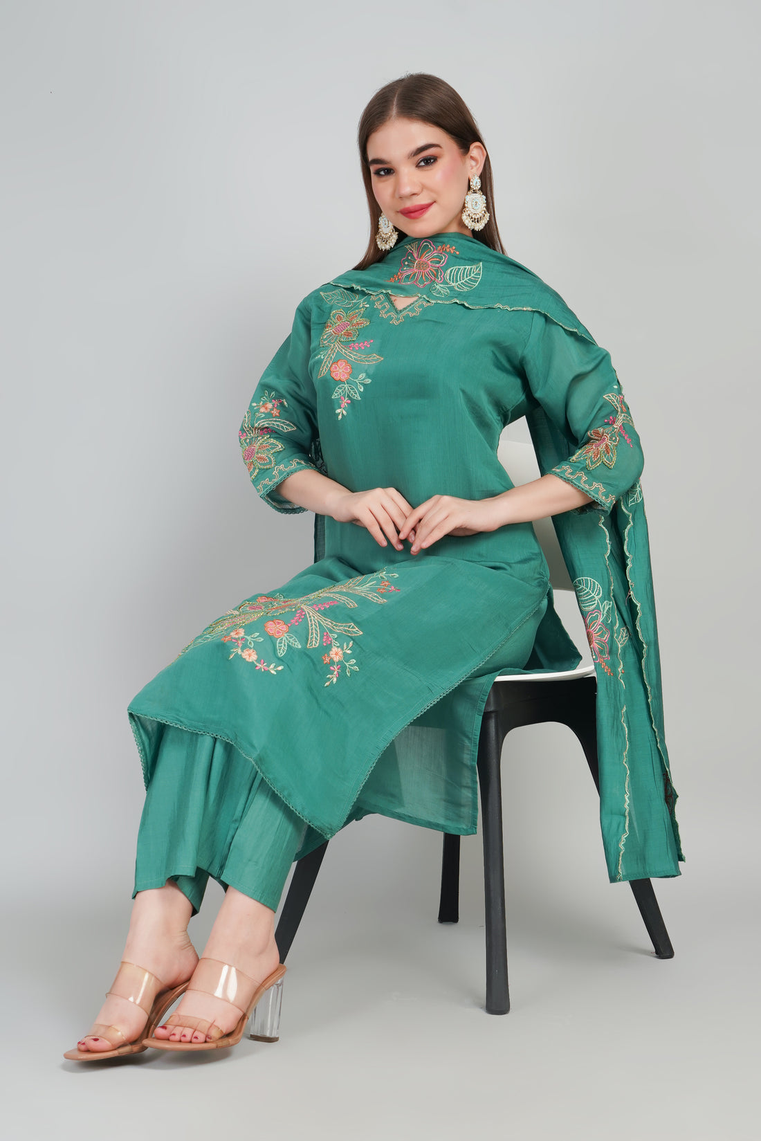 Green Women’s Mul Chanderi Kurti Set with Dupatta