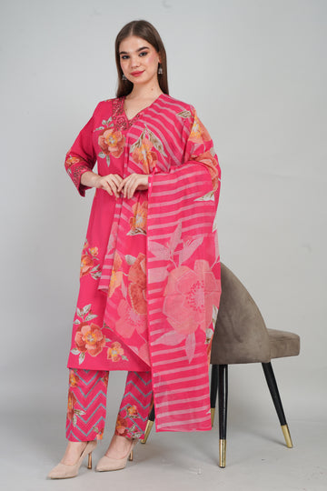 Pink Women’s Printed Cotton Kurti Set with Dupatta