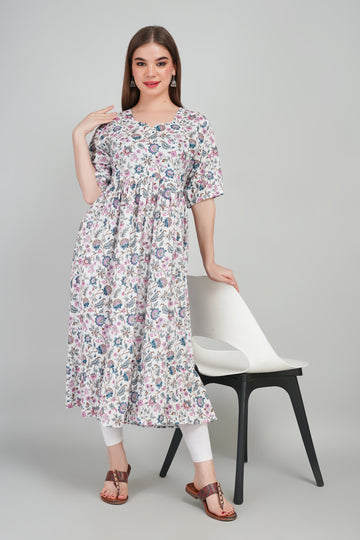 White Women’s Printed Cotton Kurti Elegant Party & Festive Wear